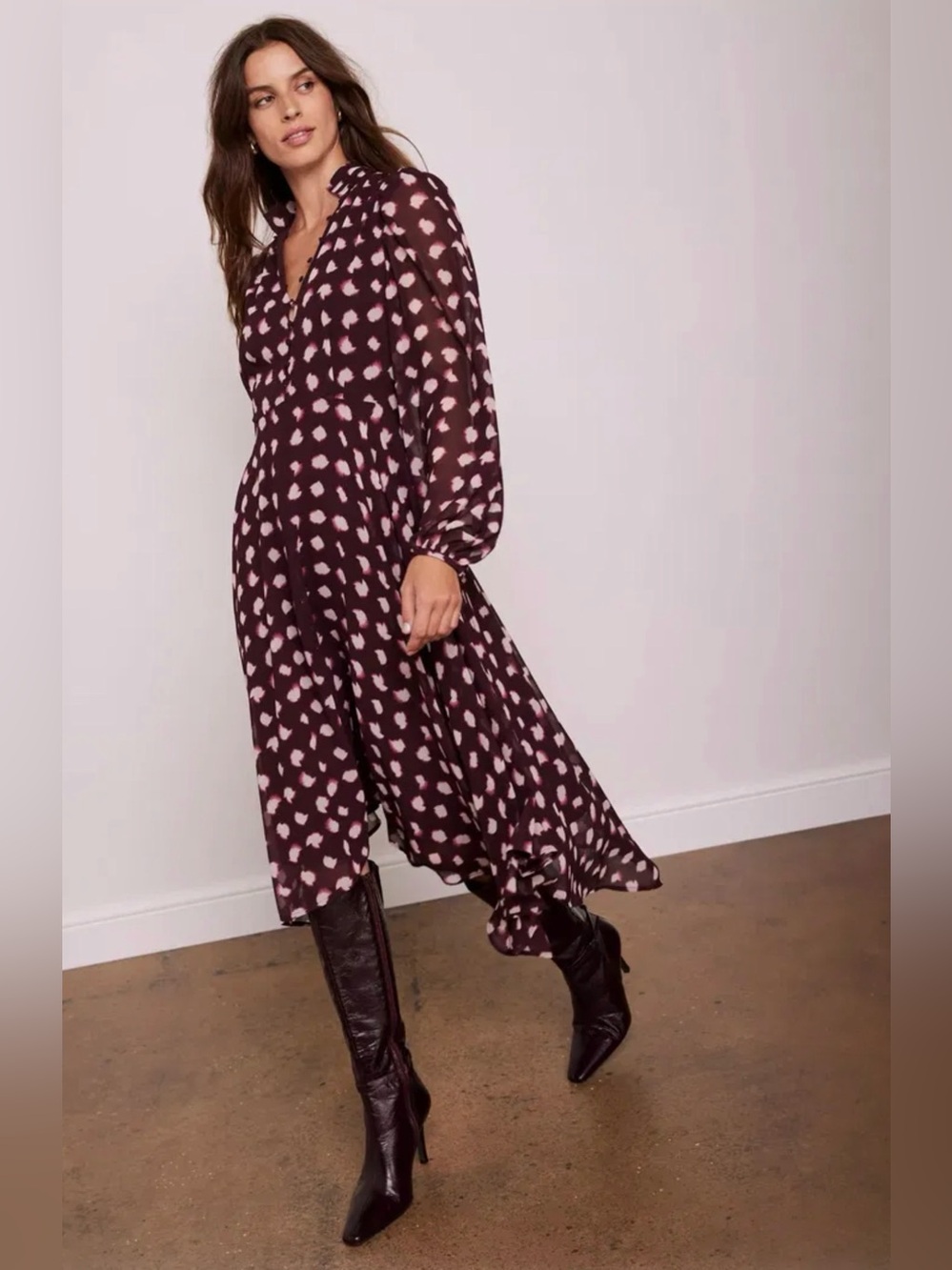 Mint Velvet Burgundy Spot Print Midi Dress – Size 6